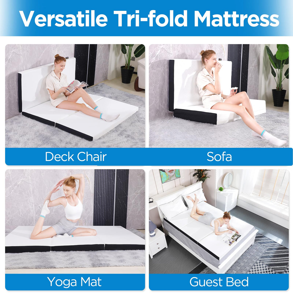 Roxzo Folding Mattress, 3 inch Twin Tri-Folding Memory Form Mattress,Portable Trifold Mattress Topper with Washable Cover, Non-Slip Bottom Camping Mattress Guest Bed, 75"x38"x3" Roxzo