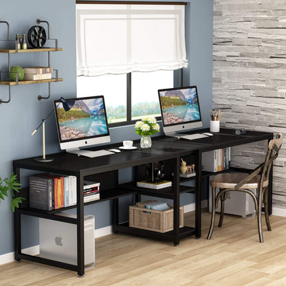 Tribesigns Rustic Double Desk with Bookshelf - 78.7 Inch Two-Person Computer Workstation in Black - WoodArtSupply