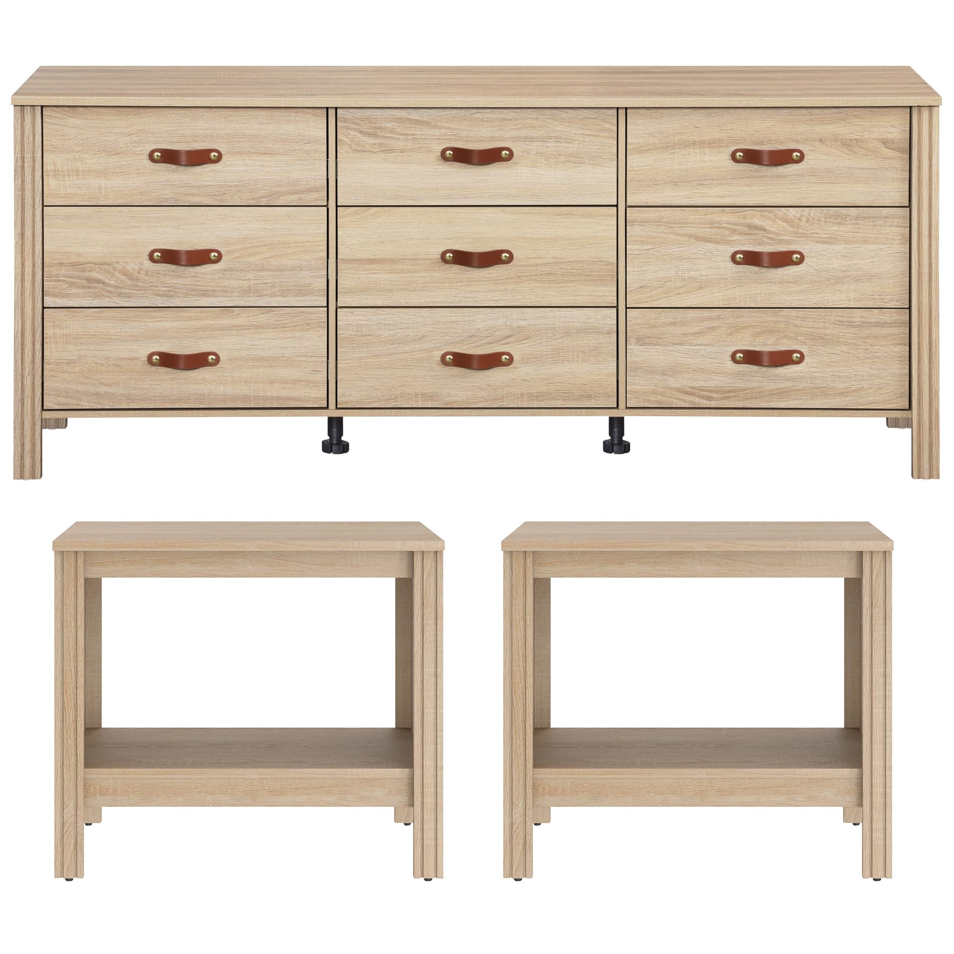 WAMPAT 3 Pieces Bedroom Set, Modern Nightstand Set of 2 & 9 Drawer Dresser Combination, CIassic Bedroom Furniture with Storage,Oak - WoodArtSupply