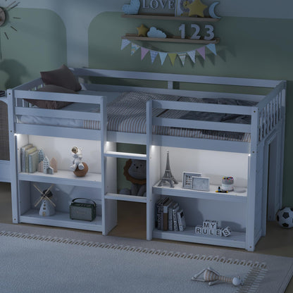 Luckiofvonne Twin Size Low Loft Bed with Storage Shelves and LED Light - WoodArtSupply