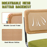 KROFEM Modern Cesca Cane Dining Chairs, Set of 2, Handwoven Rattan Cane Back, Chrome Base, Upholstered Cotton Seat, Ideal for Kitchen or Dining Room, Green KROFEM