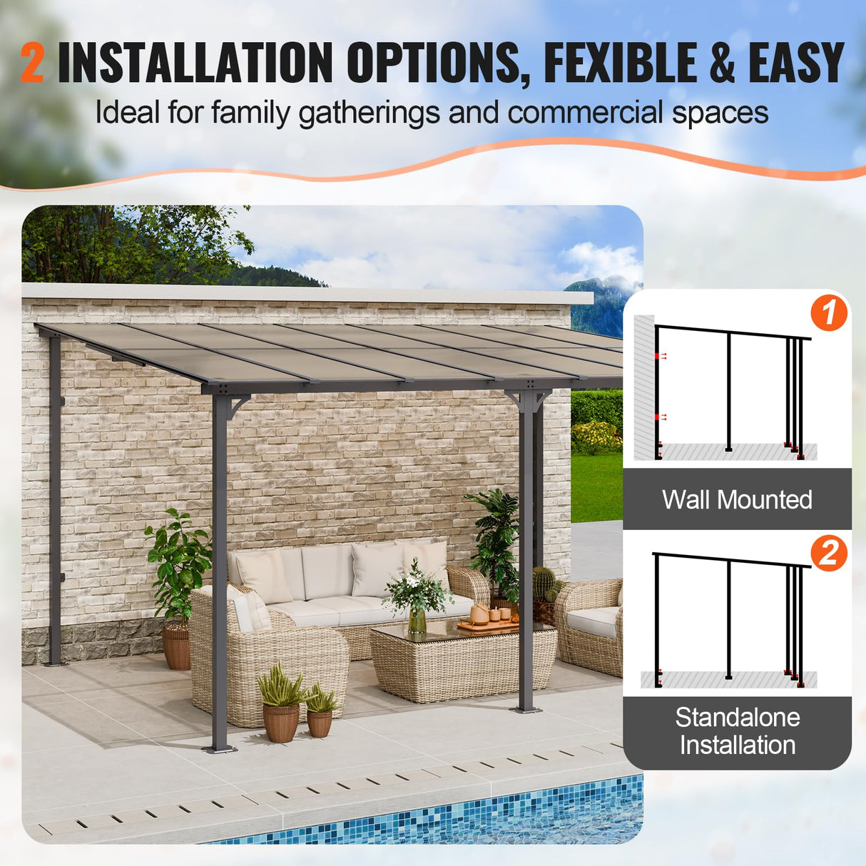 VEVOR Lean to Gazebo for Patio, 10' x 14' Hard Top Gazebo with Aluminum Frame, Wall Mounted & Freestanding Pergola, UV Resistant Polycarbonate Roof, Outdoor Patio Awnings for Deck, Garden and Backyard VEVOR