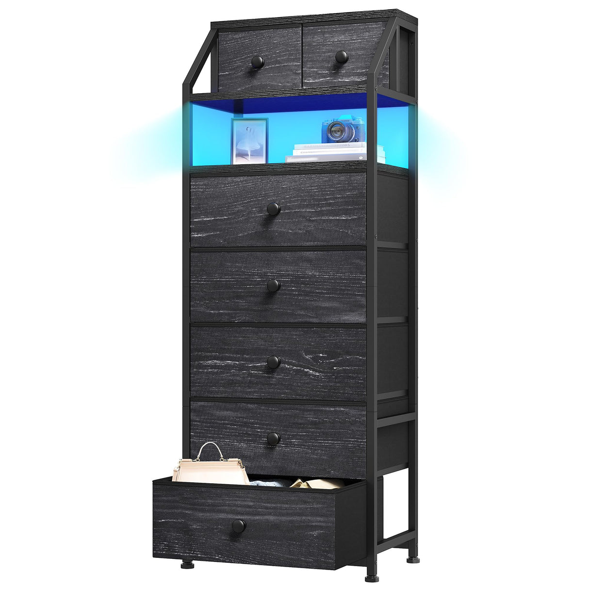 51.2" H Dresser for Bedroom with LED Lights, Night Stand with 7 Drawers, Dressers & Chests of Drawers with Open Wood Shelf, Metal Frame, Bedside Table with Fabric Storage Bins, Black EnHomee