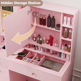 Wodeer Makeup Vanity Desk with Mirror and Lights,Vanity Table Set with Charging Station,Glass Tabletop and RGB Cabinets,Dressing Table with Jewellery Organizers Drawers for Bedroom,Pink Wodeer