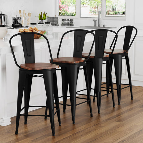 Apeaka 24" Swivel Metal Bar Stools Set of 4 Counter Height Bar Chairs Industrial High Back Barstools with Large Wooden Seat Matte Black Apeaka