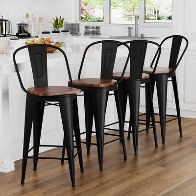 Apeaka 24" Swivel Metal Bar Stools Set of 4 Counter Height Bar Chairs Industrial High Back Barstools with Large Wooden Seat Matte Black