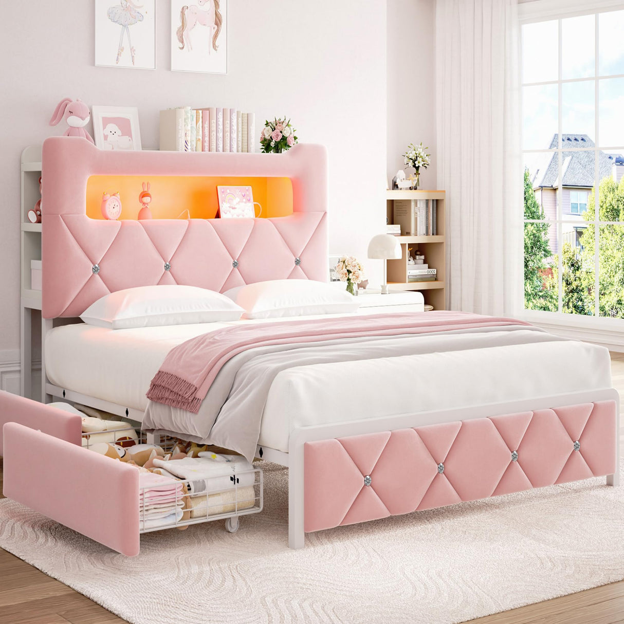 Queen Upholstered LED Bed Frame with 2 Storage Drawers and 2-Tier Storage Headboard,Velvet Princess Platform Bed with Charging Station & Bookcase, Corner Bed Frame, Heavy Duty Metal Support, Pink Jocoevol