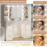 Makeup Vanity with Glass Top, White Vanity Desk with Mirror and Lights, Big Vanity with Drawers & Cabinets for Bedroom, Cute Vanity with Crystal Knobs & Power Outlet for Women, Girls IFSEB