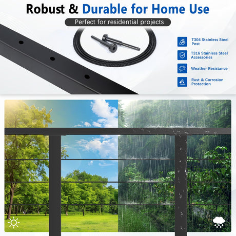 Zylorix 36" One-Stop Black T304 Cable Railing Posts Kit(Flexible DIY), Include 4Pack Level Drilled Line Posts, 177ft 1/8" Wire Rope, Complete Cable Railing System DIY Kit with Cutter(No Handrail) Zylorix