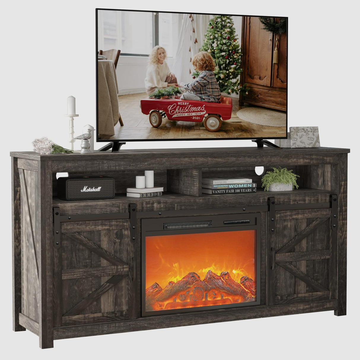 SENSWEET 58" Farmhouse TV Stand with Fireplace, Entertainment Center w/Sliding Barn Door, Rustic Media Console with 2 Storage Shelves, Wood Television Stand for Living Room,Dark Rustic Oak SENSWEET