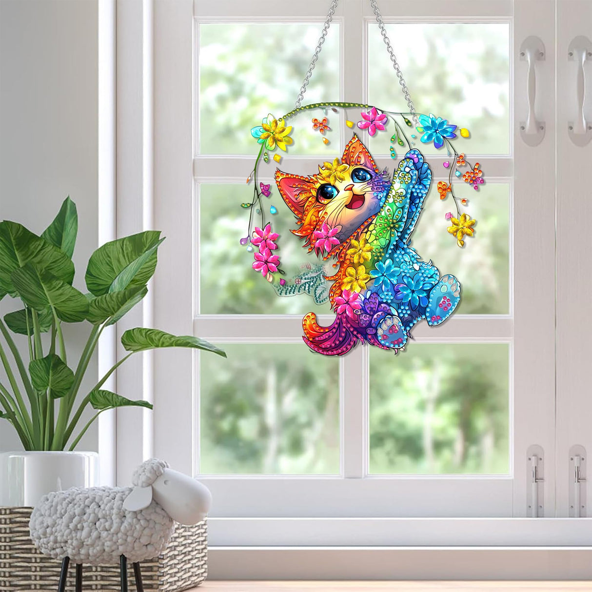 SKRYUIE Hanging Diamond Art Kits for Adults Cat, DIY Window Pendant Diamond Painting Kit Sun Catcher, Special Shaped Crystal Acrylic Double Sided, Porch Outdoor Garden Ornament 7.72 x 7.37 Inch SKRYUIE