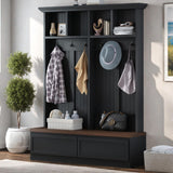 Zjjseloru Farmhouse 4-in-1 Hall Tree - Versatile Black & Dark Walnut Coat Rack with Wood Grain Bench & 2 Large Drawers, Perfect Entrance Organizer for Hallway & Living Room, Particle Board & MDF Zjjseloru