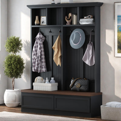 Zjjseloru Farmhouse 4-in-1 Hall Tree - Versatile Black & Dark Walnut Coat Rack with Wood Grain Bench & 2 Large Drawers, Perfect Entrance Organizer for Hallway & Living Room, Particle Board & MDF