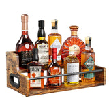KLM Liquor Bottle Display Shelf, Coffee Syrup Rack Organizer, 2 Step Countertop Liquor Wine Rack, mini bar,Liquor Cabinet, Home Retro Bar Shelf Stand for Liquor Whiskey, Spirits, Brown KLM