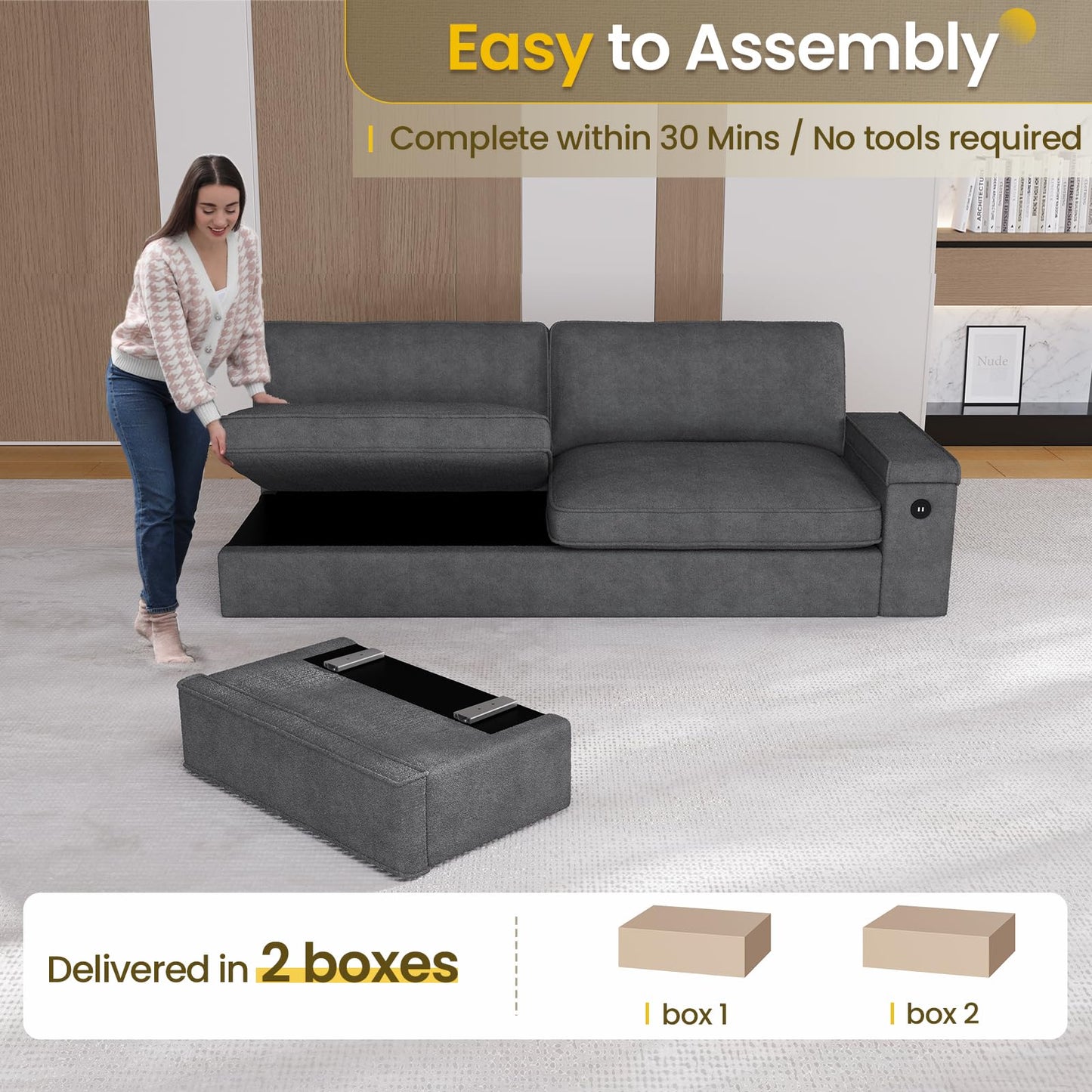 SEDETA Modern Couch, Comfy Couches for Living Room, Oversized Loveseat Sofa, Deep Seat Sofa with Storage and 2 USB Charging Ports, Removable Sofa Cover(Dark Grey Chenille)