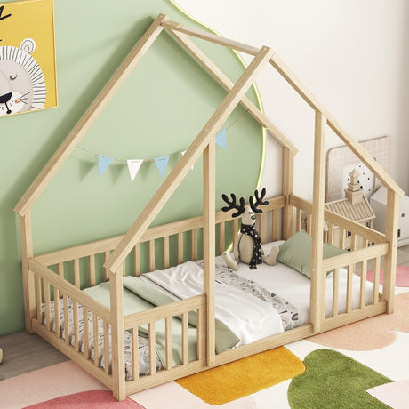 Bellemave Natural Wood House Twin Floor Bed for Kids with Roof and Fence Bellemave