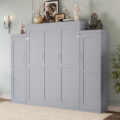Merax Queen Size Wood Murphy Bed, with 2 Wardrobe and Storage Shelf, Multifunctional Foldable Wall Platform Bedframe for Guest-Room, Bedroom, Gray Merax