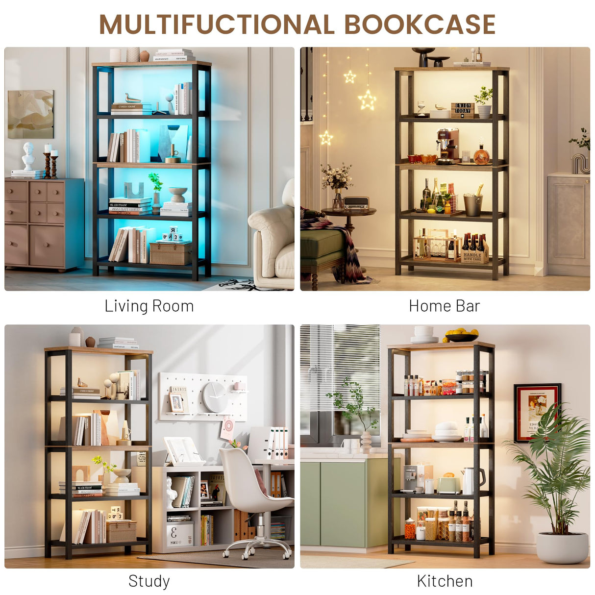 Vlsrka Wooden Bookshelf with Lights, 5 Tier Bookshelf with Storage, Tall Bookcase with Open Shelves, Standing Bookshelves Display Rack for Living Room, Home Office, Black Vlsrka