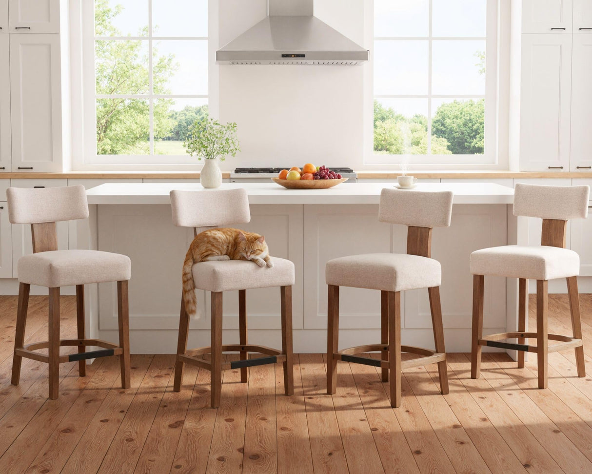 26’’ Farmhouse Bar Stools Set of 4, Linen Upholstered Counter Height Barstools with Back Modern Counter Stools Wood Barstools with Hardwood Frame, Bar Height Chairs for Kitchen Counter Island, Beige LIVINOVA