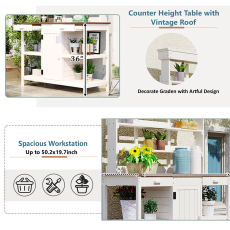 66" Large Outdoor Farmhouse Wooden Potting Bench Table, Garden Workstation with 2 Drawers, Cabinet and Open Shelves for Backyard, Mudroom (White/Outdoor#) CKLMMC