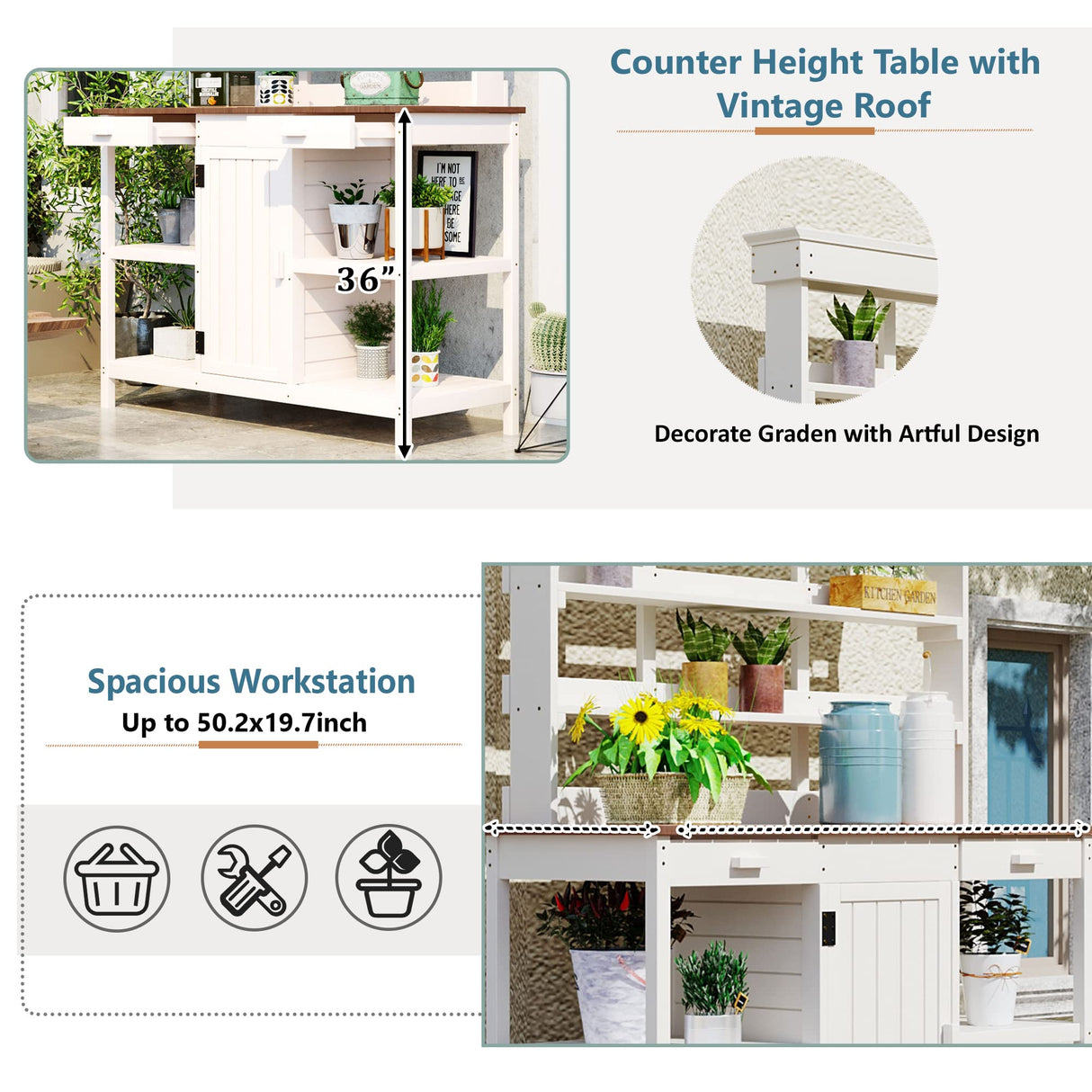 Merax 66" Large Outdoor Farmhouse Wooden Potting Bench Table, Garden Workstation with 2 Drawers, Cabinet, and Open Shelves for Backyard, Mudroom, White Merax