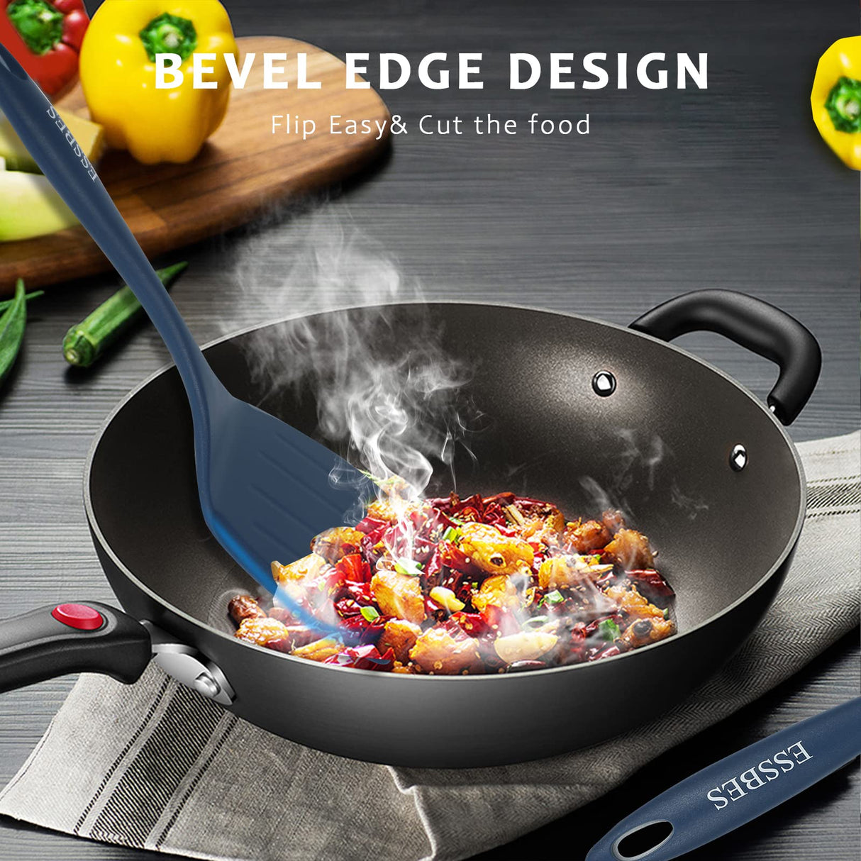 ESSBES Extra Large Silicone Turner - 600F Heat Resistant Nonstick Flexible Kitchen Spatula, BPA Free Dishwasher Safe Utensils, Nonslip Grips One Piece Cookware Suitable for Cooking Baking (Blue) ESSBES