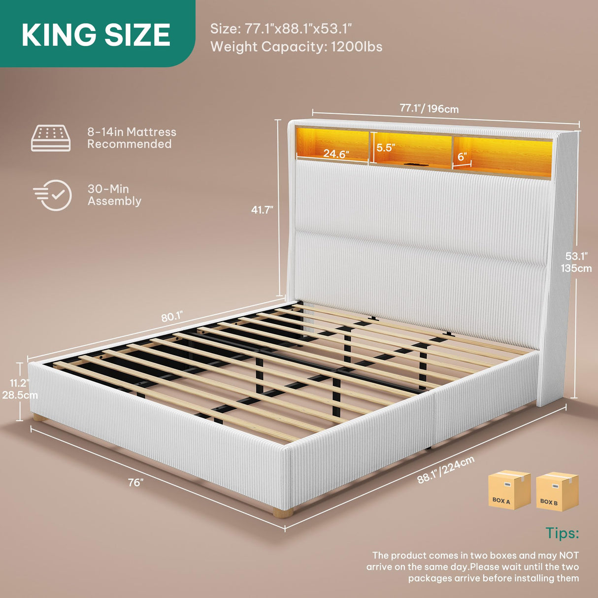 YITAHOME King Size Corduroy Upholstered Platform Bed Frame with Charging Station and RGB LED Lights, 53’’ Tall Storage Wingback Headboard, No Box Spring Needed, Easy Assembly, Noise-Free, White YITAHOME