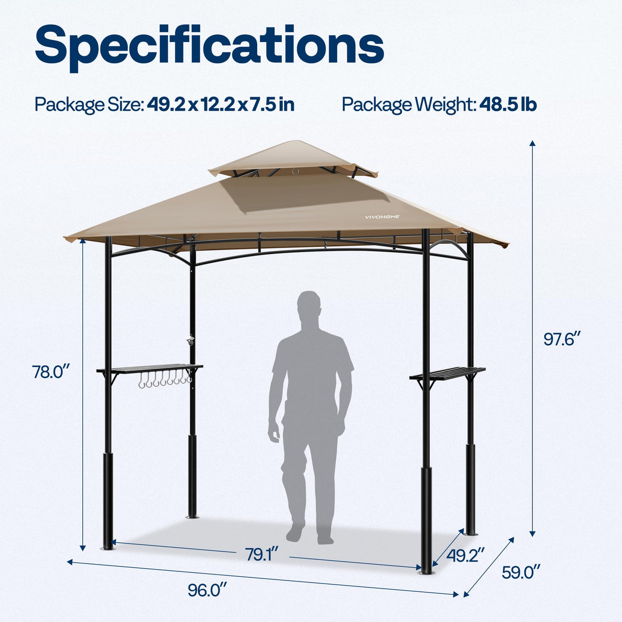 VIVOHOME Grill Gazebo Outdoor BBQ Patio Canopy Tent with Double Tiered Vented Top & 2 Side Shelves, Taupe VIVOHOME