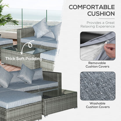 Outsunny 5-Piece Patio Furniture Set with Cushions, Outdoor PE Rattan Wicker Sofa Set, Sectional Furniture with Pillows, Glass Coffee Table for Garden, Backyard, Mixed Gray - WoodArtSupply