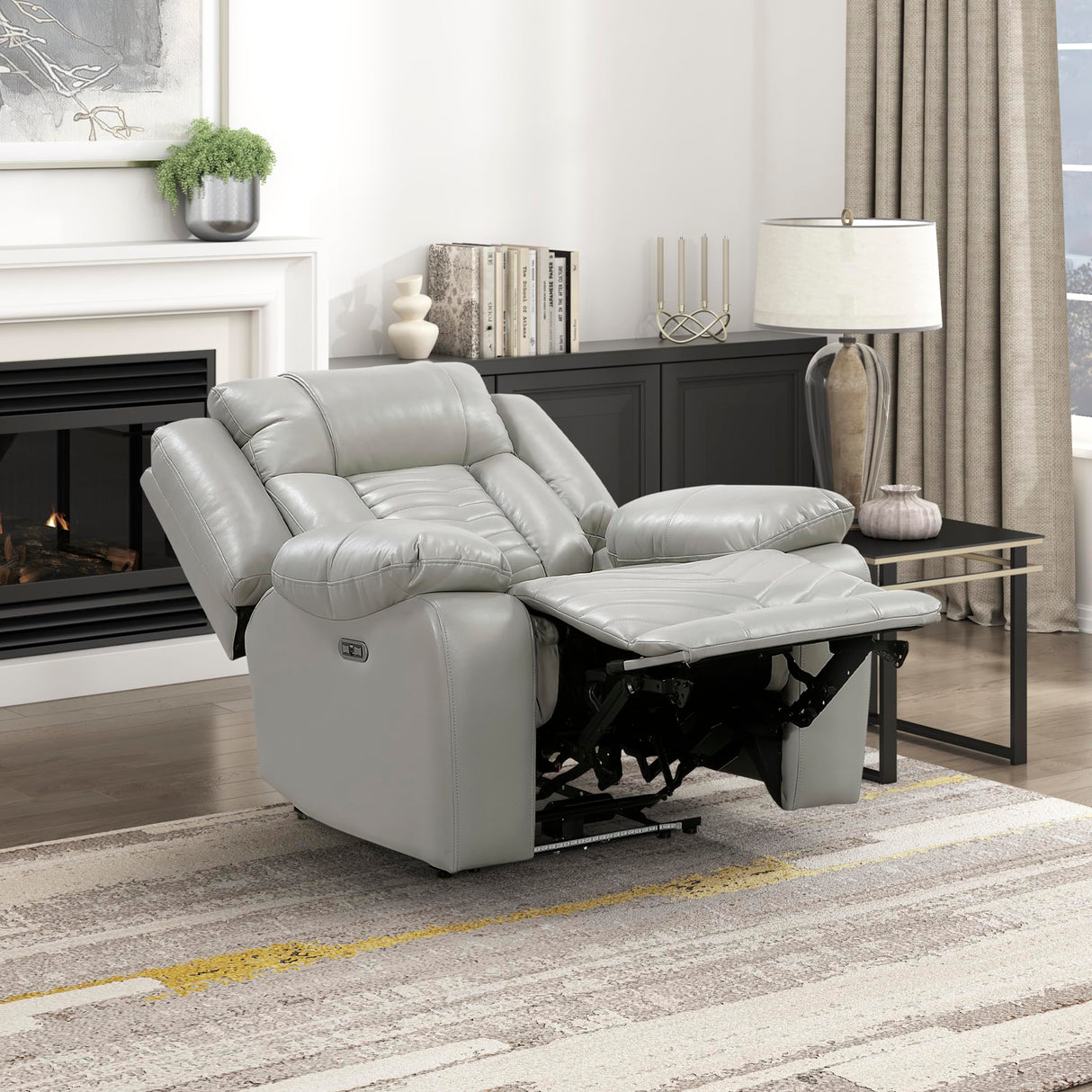 Lexicon Power Recliner Chair, Faux Leather Upholstered Home Theater Seating with LED Lighting, USB Charging Ports, Single Wall Hugger Reclining Chair for Living Room/Bedroom Easy Assembly, Gray Lexicon