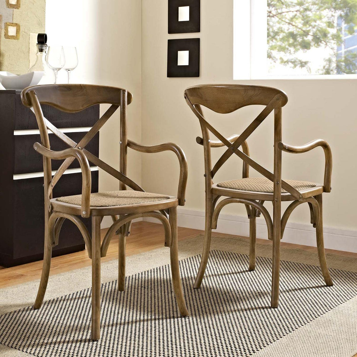 Modway Gear Rustic Modern Farmhouse Elm Wood Rattan Two Dining Armchairs in Walnut Modway