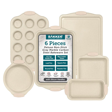 BAKKENMASTER 6-Piece Deluxe Nonstick Baking Pan Set - Professional Grade Carbon Steel Bakeware with White Marble Coating & Silicone Handles BAKKENMASTER