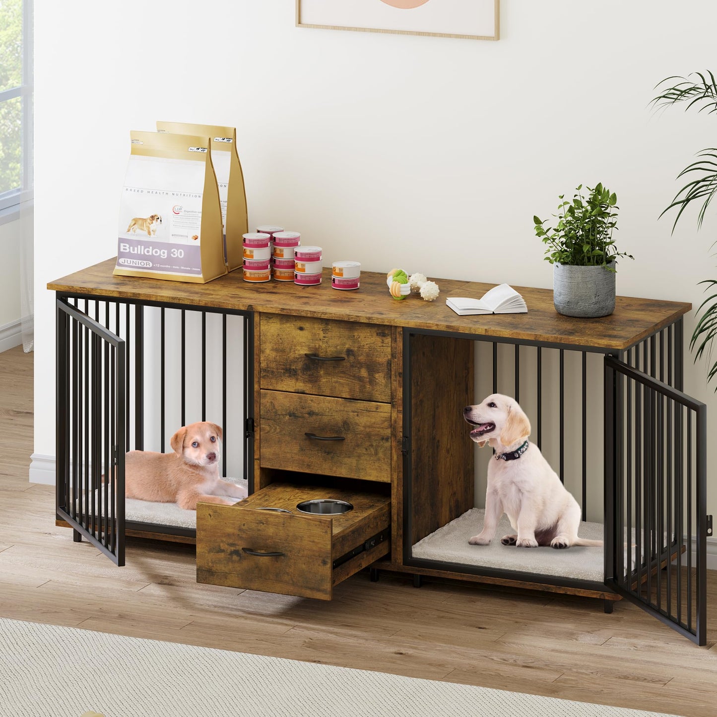 YITAHOME 74" Double Dog Crate Furniture with 2 Feeder Bowls, Wooden Dog Kennel TV Stand with Room Divider for 2 Large Medium Small Dogs, Rustic Brown