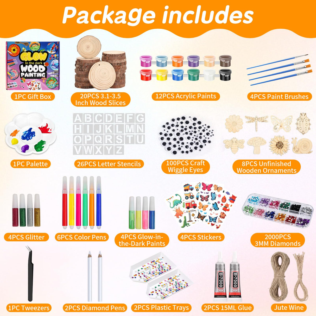 Qinzave Kids Wooden Painting Kit Glow in The Dark Arts Crafts Gifts for Boys Girls, 200 PCS Wood Slice Creative DIY Craft Kit for Kids Ages 8-12 Qinzave