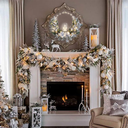 prelit Christmas Hoop Wreath with Lighted House,Farmhouse Winter Wreath with Lights,16inch Silver White Christmas Wreath for Front Door, Winter Xmas Holiday Porch Decor,Modern Mantel Decoration Gift