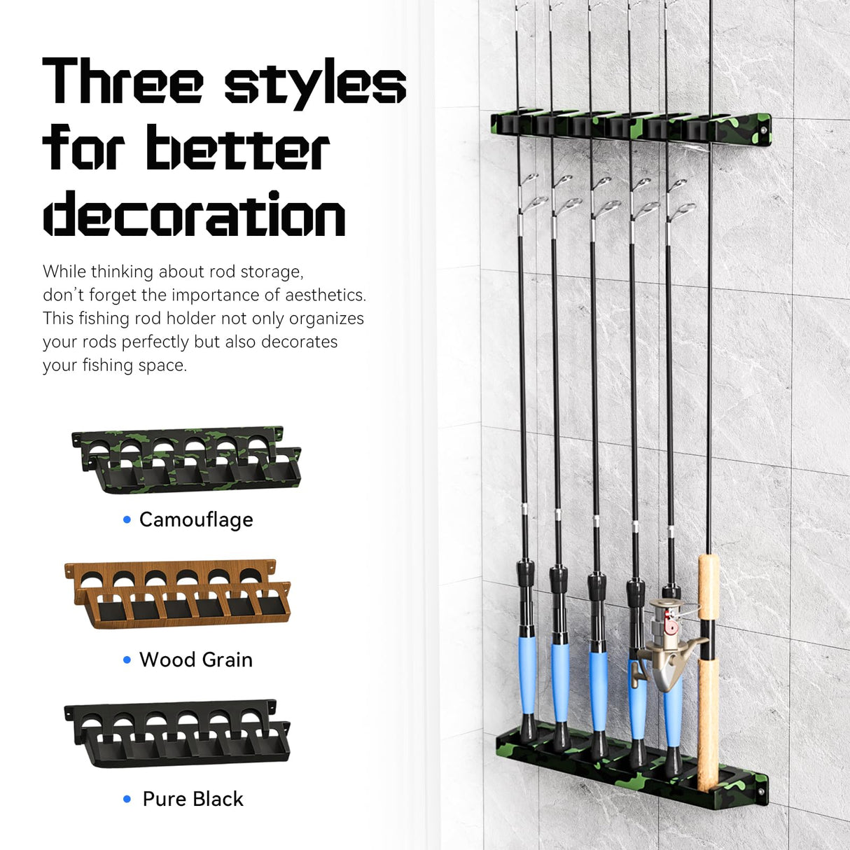 Tcakelox Fishing Rod Holder for Garage Fishing Pole Holders Fishing Rod Rack Vertical Wall-Mounted for Garage Stores 6 Rods or Combos Fits Most Rod Diameters (Vertical Black, 1 Pair) Tcakelox