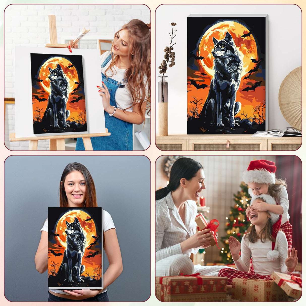 RICUVED Paint by Numbers Kit for Adults Beginner with Wooden Frame, Wolf Easy Acrylic Paint by Number, DIY Moon Oil Painting Kit with Framed Canvas Arts and Crafts for Gift Home Wall Decor 8X12 Inch RICUVED