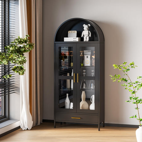 VEXPOR 73In Tall Metal Arched Cabinet, Display Kitchen Pantry Cabinet with Glass Door, Modern Farmhouse Bookcase with 1 Drawer and 2 Adjustable Shelves for Living Room, Black, Assembly Required VEXPOR