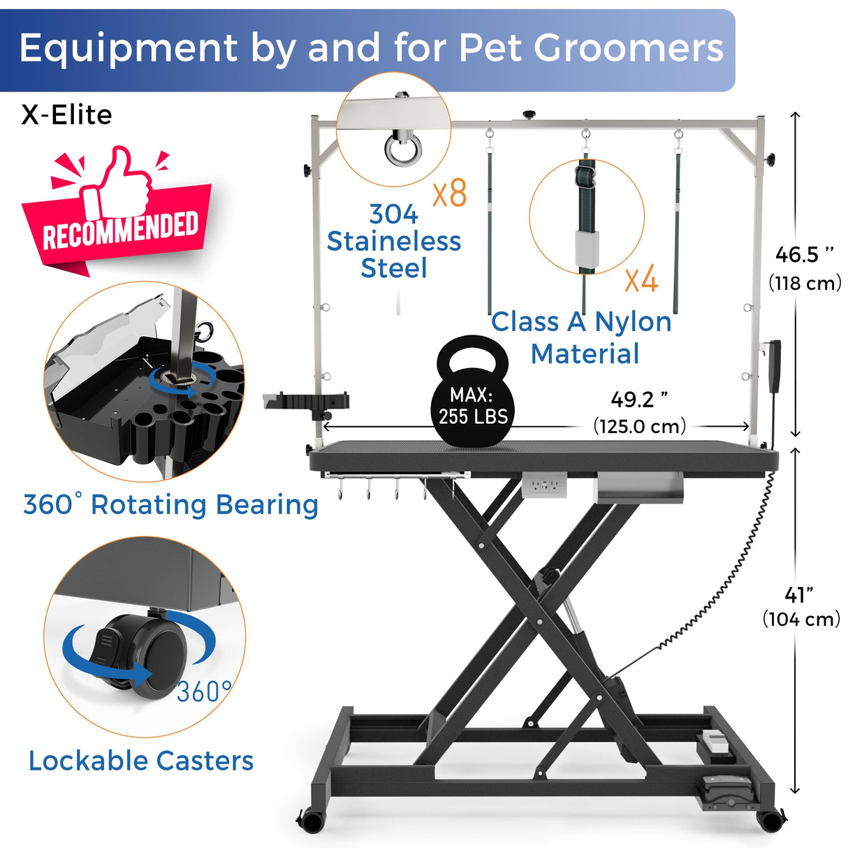 Professional Super Low-Step Electric Dog Grooming Table 49.2", Heavy Duty, Anti-Slip Tabletop, Height Adjustable Dog Table with Lockable Casters, Stainless Grooming Overhead Arm, Dog Grooming Station Burano