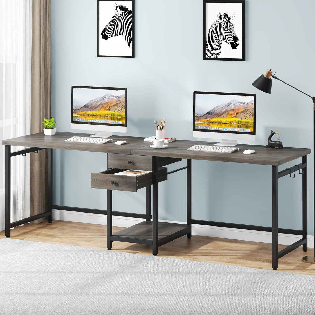 Tribesigns 79 Inch Extra Long Desk, Double Desk with 2 Drawers, Two Person Desk Long Computer Desk with Storage Shelves, Writing Table Study Desk for Home Office, Grey Tribesigns