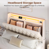 Queen LED Velvet Bed Frame with 2 Storage Drawers&Hidden Headboard, Upholstered Platform Bed with Charging Station&Button Tufted Design, Wooden Slats Support, Box Spring Optional, Easy Assembly, Beige Jocoevol