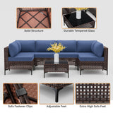 Trumbeak 7 Pieces Patio Furniture Set Wicker Outdoor Sectional Sofa,All Weather Brown PE Rattan Outdoor Conversation Set w/Thick Cushions and Glass Coffee Table,NavyBlue Trumbeak
