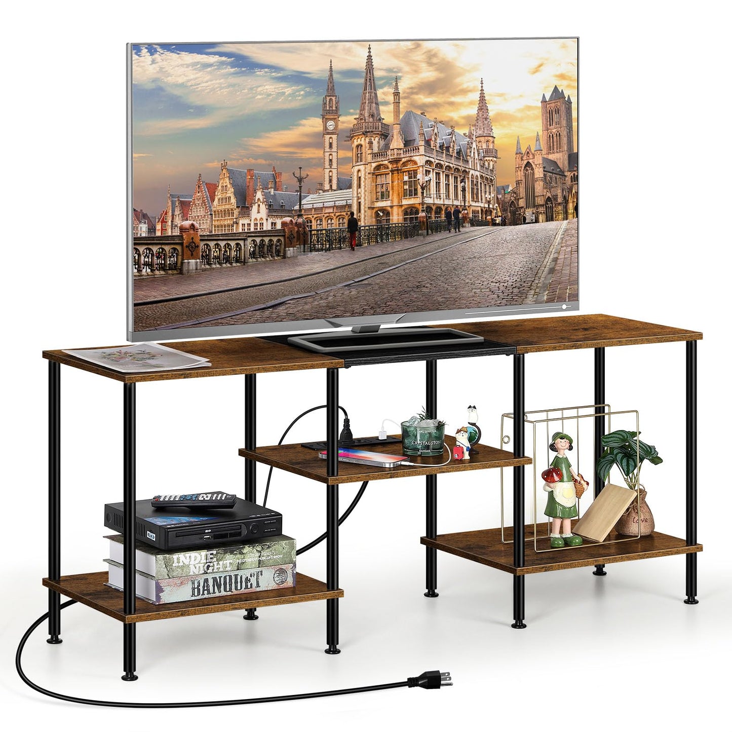 OYEAL Small TV Stand for Living Room up to 50 inch Farmhouse TV Media Entertainment Center with Power Outlets & Storage Shelf 45'' TV Cabinet Console Table for Bedroom, Rustic Brown - WoodArtSupply