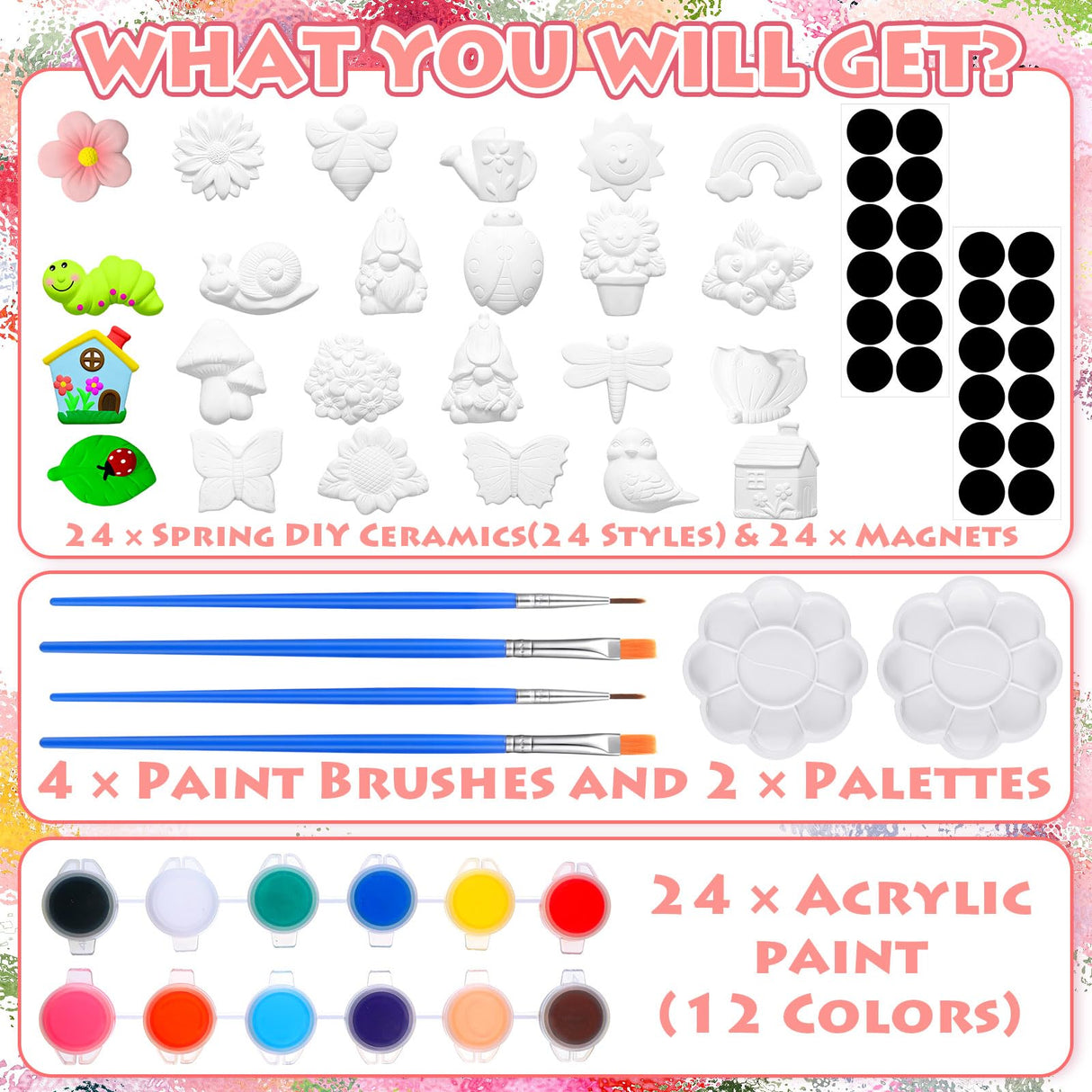 Simgoing 24 Sets Spring Kids Arts and Crafts Set Ceramic Painting Kit Unpainted Paintable Ceramics with 24 Magnet 4 Brushes and 2 Palette, Paint Your Own DIY Figurines for Toddler Boys Girls Simgoing