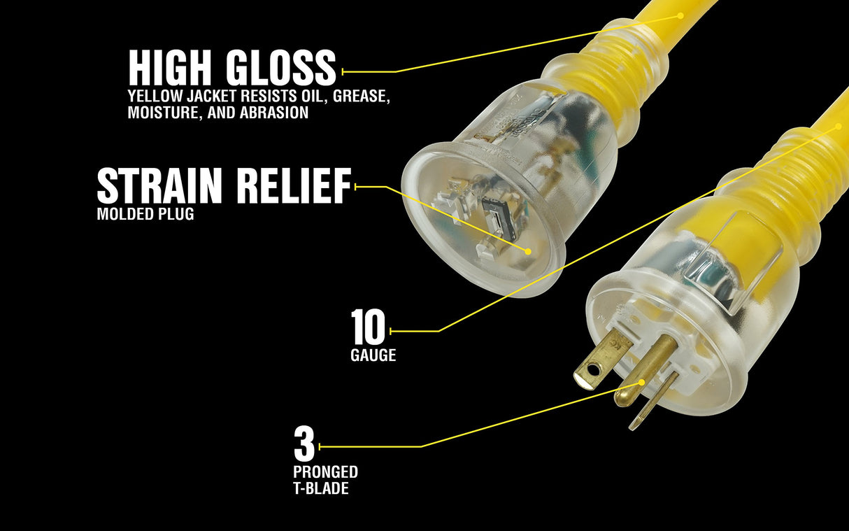 Yellow Jacket Super Heavy-Duty Extension Cord, 100 Ft 10 Gauge 3 Prong, 20-Amp with Lighted T-Blade Plug, Yellow, 2992 Yellow Jacket