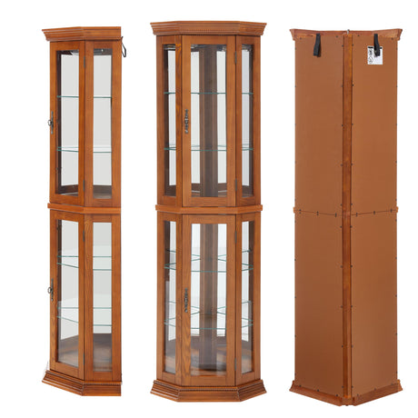 Lighted Corner Display Curio Cabinet Wooden Shelving Unit with Tempered Glass Door, Bar and Liquor Storage Area with 5 Shelves, Wine Cabinet, Oak CQSXDA