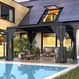 EROMMY Louvered Pergola 11' x 13' Outdoor Hard Top Mansard Roof Gazebo with Aluminum Frame and Adjustable Metal Rainproof Roof for Garden & Patio, Curtains and Netting Included, Gray-Black EROMMY