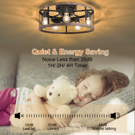 Ohniyou 20'' Flush Mount Caged Ceiling Fan with Lights Remote Control, Farmhouse Rustic Low Profile Small Vintage Enclosed Ceiling Fan Lighting Fixture Bedroom Dining Room Ohniyou