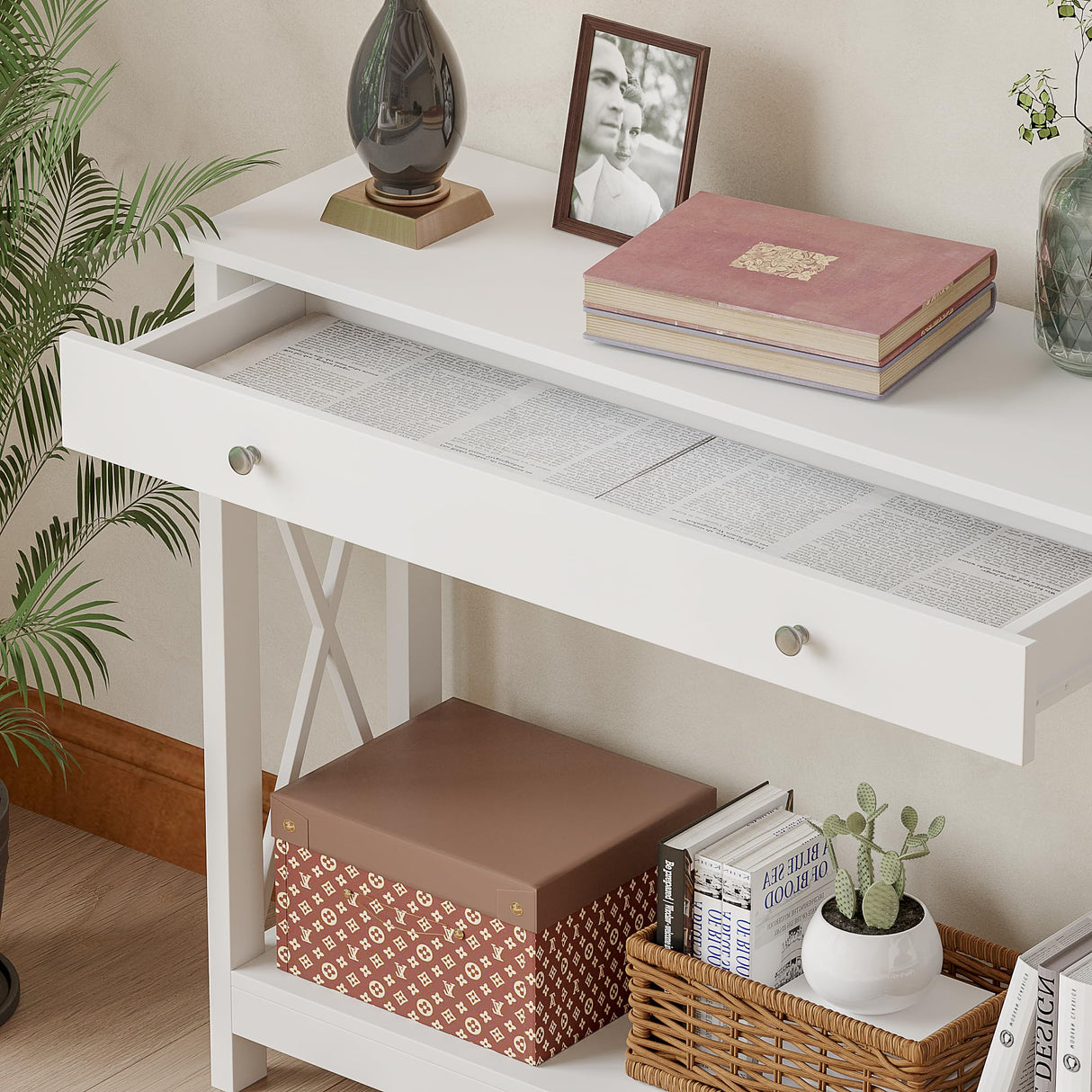 Treocho White Console Table with Drawer and Storage Shelves, Foyer Sofa Table Narrow for Entryway, Living Room, Hallway Treocho