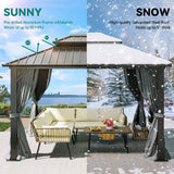 YITAHOME 10x12ft Gazebo Hardtop with Nettings and Curtains, Heavy Duty Double Roof Galvanized Steel Outdoor Combined of Vertical Stripes Roof for Patio, Backyard, Deck, Lawns, Gray YITAHOME